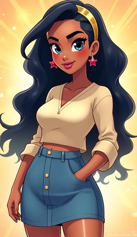 (Close up), ((Diana from DC Super Hero Girls 2019)), Diana is a beautiful and tan-skinned young Amazonian demigod with an athletic and fit hourglass figure, thick black eyebrows, sky-blue eyes and long, wavy, classic-length navy-blue hair with lighter stre...