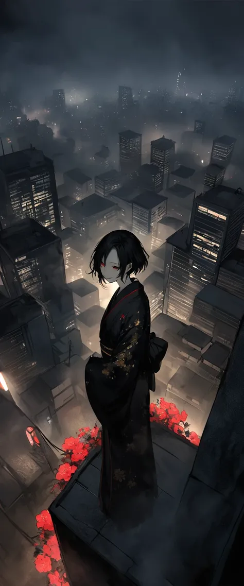 A black silk kimono embroidered with gold flowers。Beauty in the mist,Standing on a rooftop in the fog。Black belt。smile。Black short hair。forehead,Foggy Sky。 Looking towards the audience。Beautiful golden eyes。。Dead skin。alone。darkness。Spooky atmosphere。Japan...