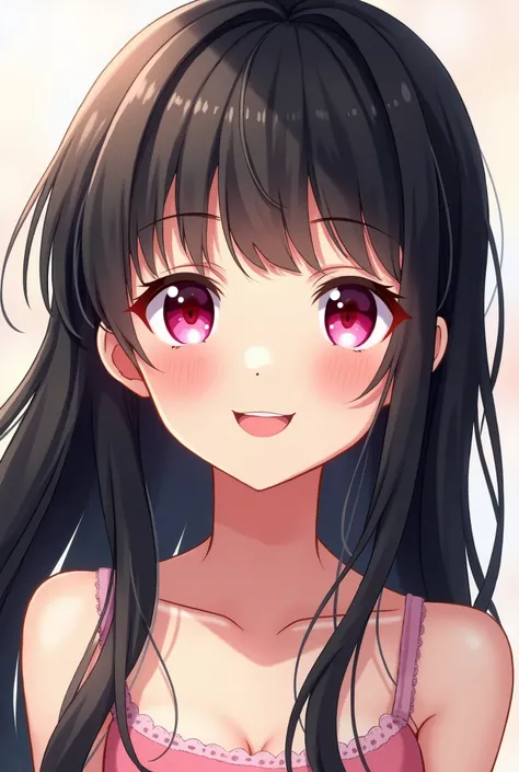 One girl, Long Hair, smile, Blushing, Shortcuts, bangs, Black Hair, Simple Background, tongue, Anatomically correct, chest, Pink eyes, happiness/joy, Simple Background, 