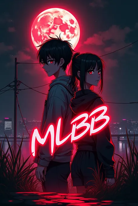 written logo all around mlbb . Anime  boy and girl HD Black  High Details Style Neon red Light 2D.background full moon 