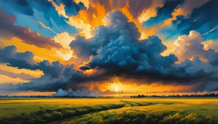 chirstopher burk painting style, landscape painting, vibe, minimalist  landscape, huge cloud (4:5) (ground(1:5)((cloud 90%)((ground10%)(evening))((sunset))