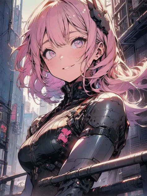 Shooting from below, dystopian city, High definition, Realistic skin texture, Full Body Shot, Feet close-up, One Girl, Mecha Girl, Pink Hair, Bob Hair, short hair, Pink eyes, Detailed face, Looking down at the viewer, Legs Up Sex, A kind smile, Large Breas...