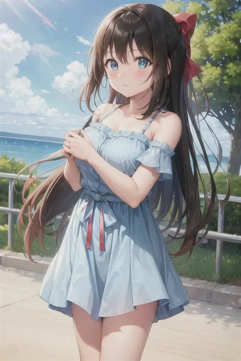 One Girl, Black Hair，length，Straight hair，Red hair ribbon，blue eyes，Shizuku Sakurazaka，cute，noon，Outdoor，Light blue camisole dress，blush，Standing posture