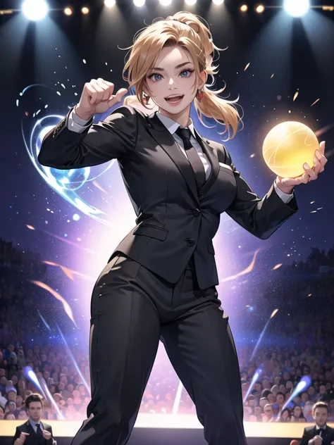 (female:1.7) ,On the boxing ring,(Many viewers:1.3),(A female presenter wearing black a suit,holding a magic orb on stage.:1.3),pony-tail,(open mouth:1.5),smile, blue orb,magic orb,masculine ,(female Attack: 1.5)