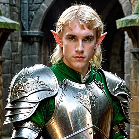 A straight-haired blond male elf with green eyes and white skin, wearing heavy medieval armor with a silver dungeon dragon and dragons behind him looking forward 