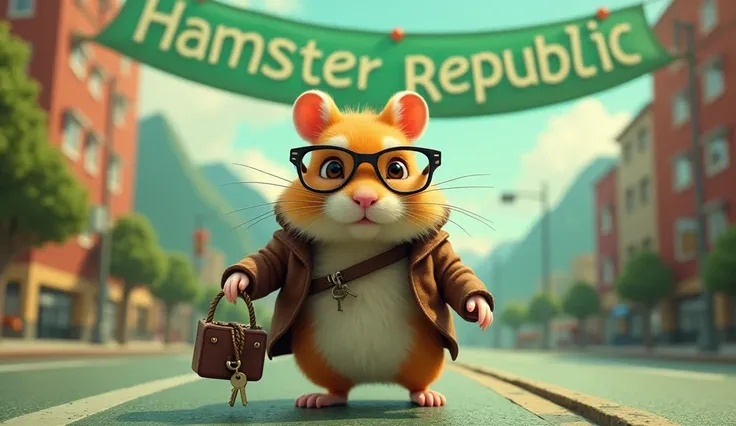 A hamster with smoked glasses that has black glasses, a brown coat with a cord around the neck, which is attached to the strap of a bag, which has a key in it, and it can be seen that it is right in the middle of a street in a green city, and big mountains...