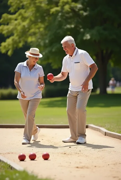 Cheerful senior couple throwing bocce balls on sand-colored concrete court, sunny day, park setting