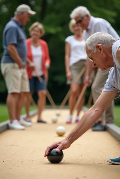 Group of elderly friends measuring bocce ball distances, sand-colored concrete floor, competitive expressions