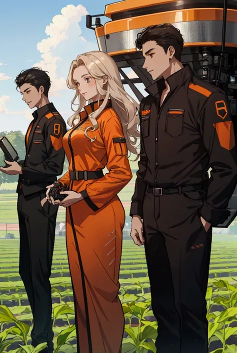 A young man and a beautiful woman are practicing futuristic smart agriculture.。There is an orange tractor in the background、The drone is operational。Young men use cultivation data、Studying the Future of Crop Growth.。The woman seems to have harvested々Holdin...