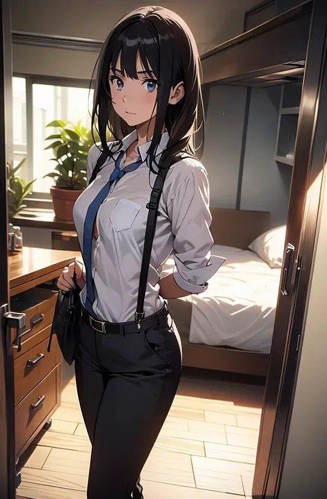 a woman in a suit, belt, hands behind back, sweating, suspenders, black pants, large breasts, see-through clothing, rain, detective, office worker, white button-up shirt, (best quality,4K,8k,highres,masterpiece:1.2),ultra-detailed,(realistic,photorealistic...