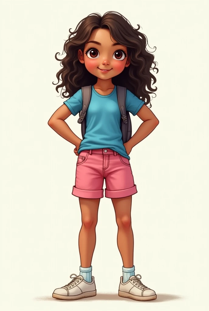 Dora the Explorer Adult Character Full Body Drawing, Caucasian skin, with backpack on his back, blue T-shirt, short jeans rosa, long curly hair and white sneakers with socks, humanized.