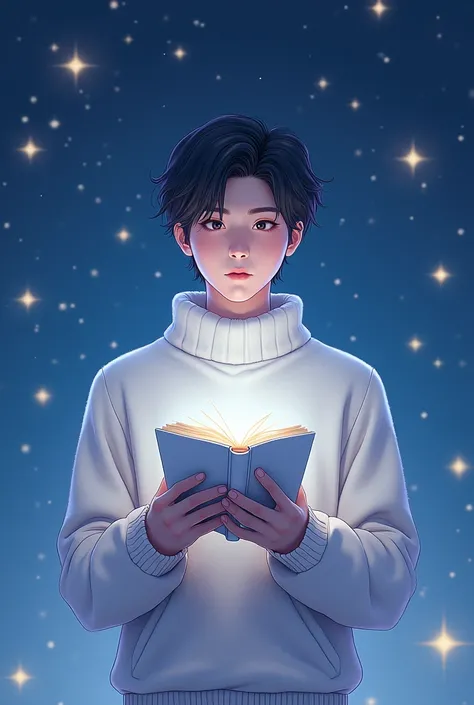 young man, Nineteen years old, black hair, Asian face, Wearing a white fleece sweater, There is a white book floating in my hand., The background image is a series of stars of different colors., Drawing style: Manga 2.5D