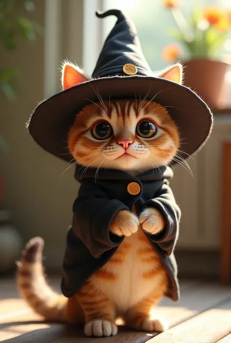 "a real and cute cat standing on its hind legs, Facing forward, Wearing witch clothes and hat, adding to the cuteness of the cat. the background is simple and slightly blurred.、Focus on the cat. The lighting is natural, adding softness to fur and clothes, ...