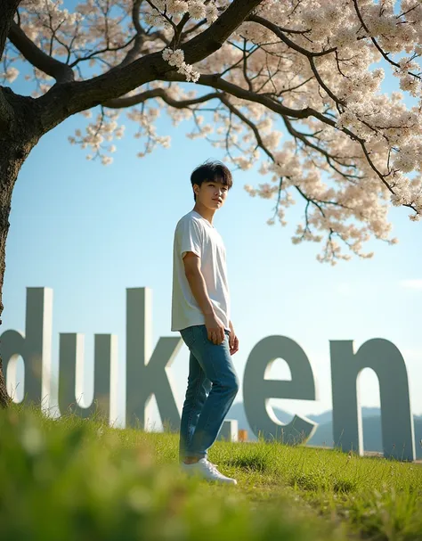 Low angle view of a young Korean mans full body casual wear. posing on the grass under the flower tree. behind the woman there is a colorful writing that says "dukuhtengah" which is one with nature. The large writing indicates the name of a place. Flower f...