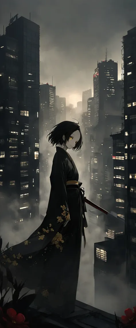 A black silk kimono embroidered with gold flowers。In the fogでの美しさ,In the fog。Standing on the roof。Black belt。smile。Black short hair。Long sword。forehead,Foggy Sky。 Looking towards the audience。Beautiful golden eyes。。Dead skin。alone。darkness。Spooky atmospher...