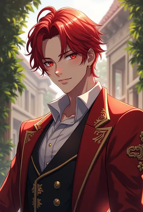 A mature anime boy with red hair and red eyes. Fantasy, handsome, prince