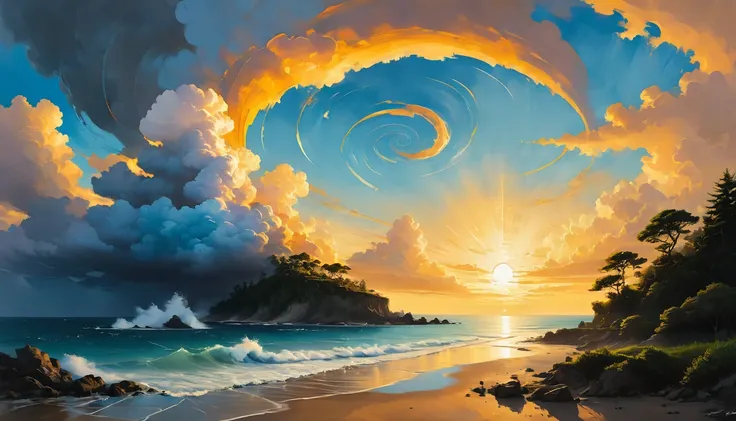 chirstopher burk painting style, landscape painting, vibe, minimalist  landscape, huge cloud (4:5) (sea(1:5)((cloud 90%)((sea10%)(evening))((sunset))((golden spiral ratio))