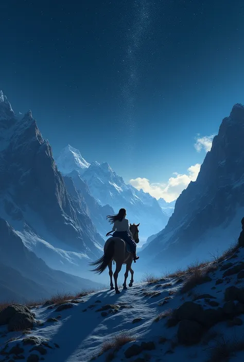 Woman riding between the mountains at night with a starry sky full of stars