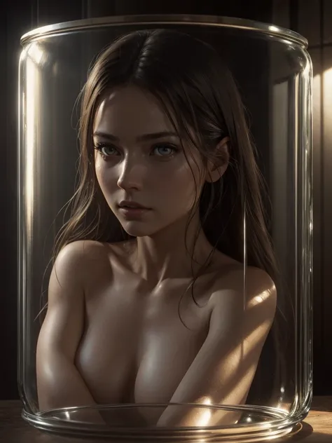 Wild woman, naked, enclosed in a clear glass jar, expressive eyes, detailed texture, realistic lighting, cinematic atmosphere, incredibly detailed digital art by Artgerm and Greg Rutkowski, 4K resolution, dynamic composition, surrealism.