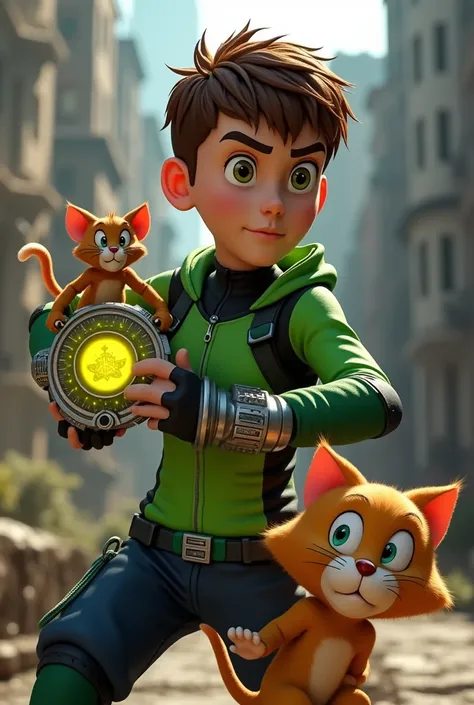 (photorealism:1.2), ben 10 with omnitrix  with tom cat and jerry rat