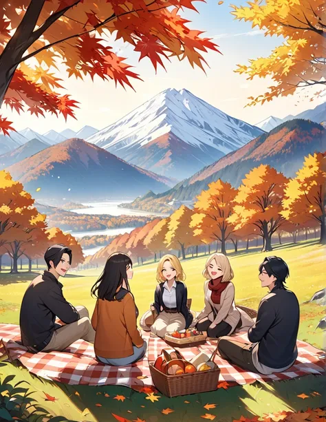 Mountain range, autumn leaf viewing, women, men, lots of smiles, picnic style, women with blonde hair, long hair, men with black hair, short hair