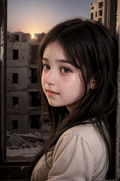 Dramatic light, side view, smile, big black eyes, teenage girl, pale white skin, rosy cheeks, wavy messy black hair, look innocent and beautiful, At abandon school, window, Aleppo city at night 