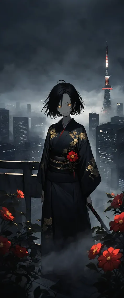 A black silk kimono embroidered with gold flowers。In the fogでの美しさ,In the fog。Standing on the roof。Black belt。smile。Black short hair。Long sword on waist。forehead,Foggy Sky。 Looking towards the audience。Beautiful golden eyes。。Dead skin。alone。darkness。Spooky ...