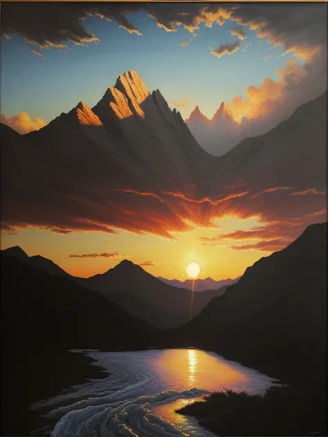 Masterpiece artwork, best qualityer, High details, ultra HD, Oil painting, a sky at dusk with the sun behind mountains. A black liquid runs down the art canvas