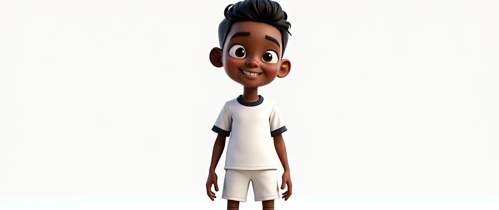 Cartoon character of an  teenager, football player, full body and front, white background, small ear, darkskin, short black hair, smaller black eyes, Grinning, wearing a white soccer jersey with no number and no detail, white shorts without details, white ...