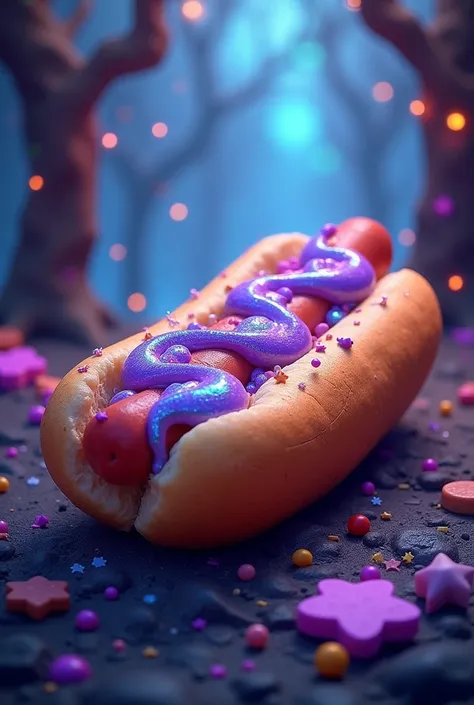 Imagine what a hotdog inspired by Merlina would look like. Please create this amazing food with a fantastic background. 