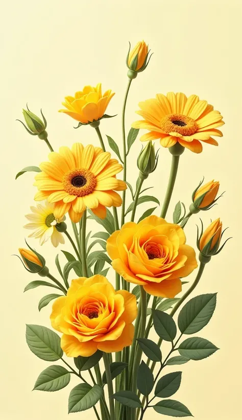 Yellow roses, freesia and gerberas, which symbolize fun and ease of communication.