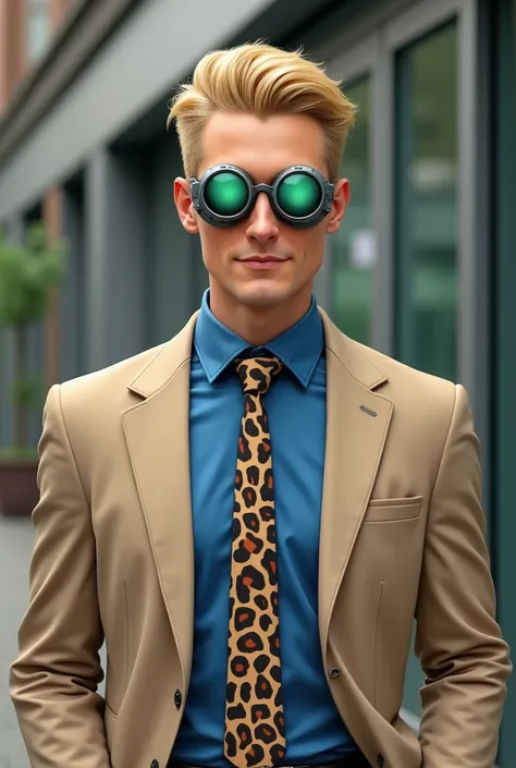 Nanami kento is a 30 year old dutch man with blonde hair, worker, wear suit consists of beige pants with a matching jacket, a royal blue button-up shirt, and a patterned tie. use a leopard-print tie. His goggles/glasses are grey with green lenses. Seven th...