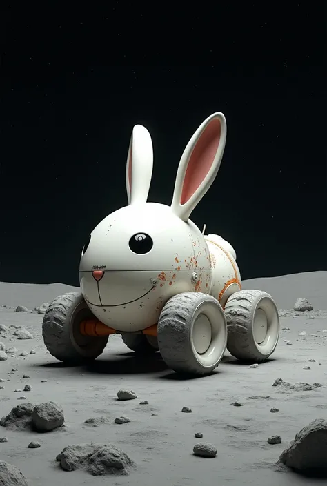 A space exploration vehicle shaped like an Easter bunny, with four wheels and large ears on its head. It is white in color and has some scratches from wear and tear after its long journey to the moon surface. The background of this scene includes the dark ...