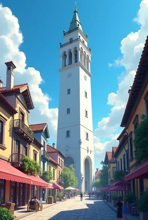 A white tower in the middle of a European-style city., Horizontal, Drawing style: Manga 2.5D