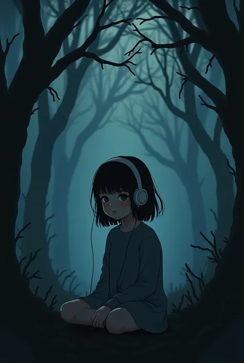 A young  girl with roys cheeks sits the shadows of a dark forest her headphones on as she listens to a haunting melody 