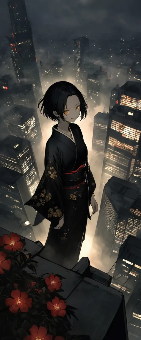 A black silk kimono embroidered with gold flowers。In the fogでの美しさ,In the fog。Standing on the roof。Black belt。smile。Black short hair。Angle from above。forehead,Foggy Sky。 Looking towards the audience。Beautiful golden eyes。。Dead skin。alone。darkness。Spooky atm...