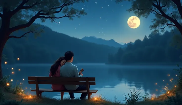 A romantic outdoor setting during the night, with a couple sitting on a bench by a peaceful lake. Fireflies dot the scene, and the moonlight reflects on the water, creating a magical, serene atmosphere. The man is playing the guitar while the woman leans h...