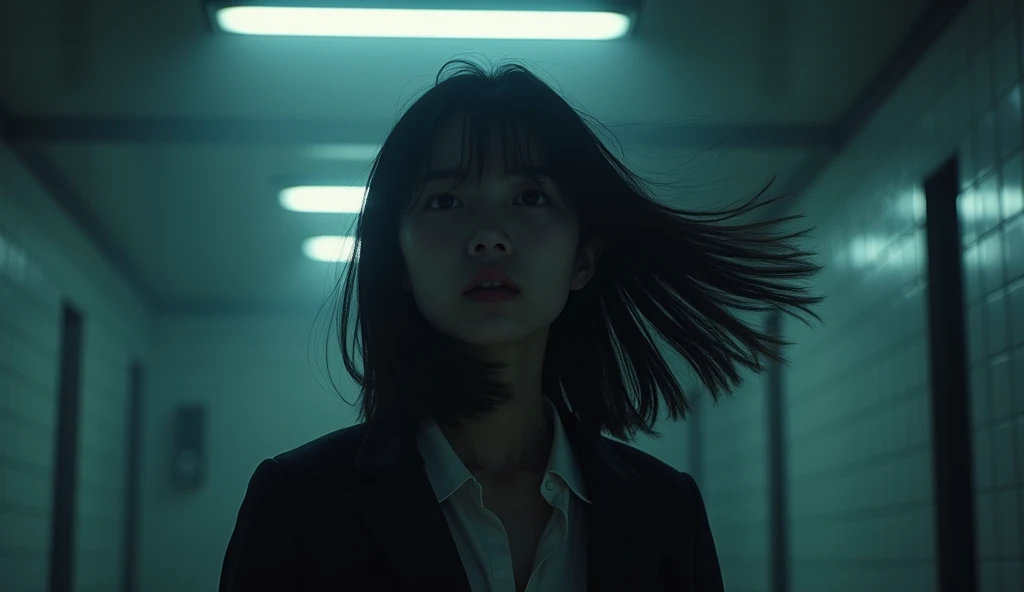 20 year old Korean high school student.,At night,In uniform, Atmosphere of fear, There is a tile in the background, The girl has no facial expression. A strong wind is blowing、The girl&#39;s hair is shaking violently. The fluorescent light is flashing、It&#...