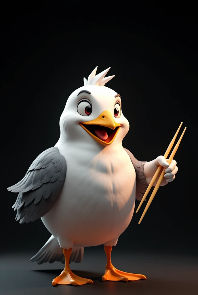 funny volumetric seagull, stylized, costs, 3D объёмная stylized которая держит две палочки для суши, smiles and looks down,  Photorealistic image, High-quality visualization, Black background, studio image, character
