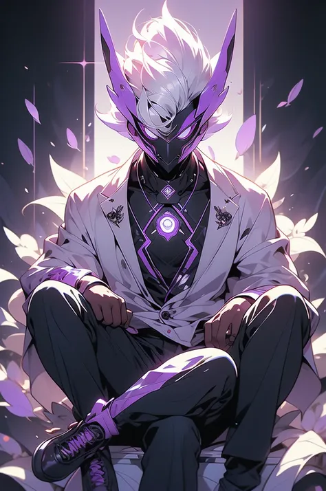 teenage boy character is posing sitting cool, with purple and white hair. This character wears a black jacket with a futuristic design and a mask with a futuristic design.. This image may be of interest to those who appreciate digital art., character desig...