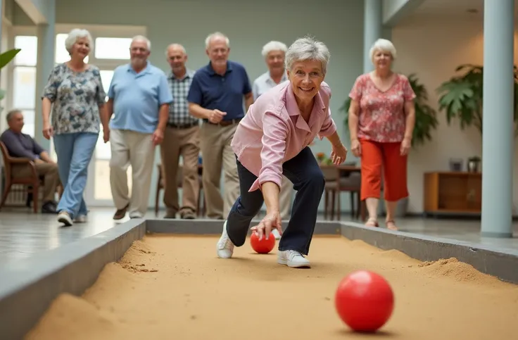 Diverse group of older seniors enjoying bocce, indoor court with sand-colored concrete, modern decor