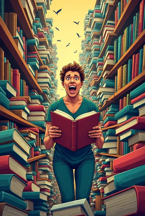 Create a funny meme about books. The image should depict a funny scenario involving a reader in a bookstore or a messy bookshelf.. The focus should be on the feeling of &#39;I need more books&#39; despite the existing pile. The reader may be overwhelmed by...