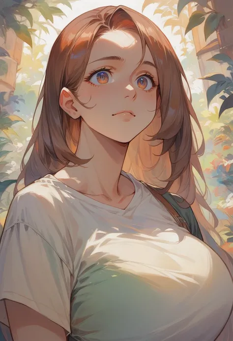 solo, masterpiece, best quality, highly detailed, finely detail eyes,upper_body,1girl  huge breast, shirt, short sleeves, brown hair, long hair