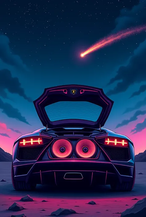 Lamborghini trunk open with subwoofers installed rear view night sky shooting star in cartoon style