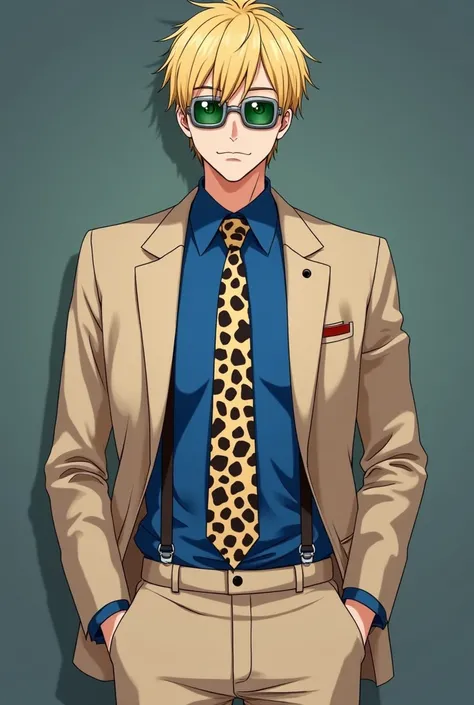 Nanami kento is a 30 year old japanese denmark man with blonde hair, worker, wear suit consists of beige pants with a matching jacket, a royal blue button-up shirt, and a patterned tie. use a leopard-print tie. he wear suspender, His goggles/glasses are gr...