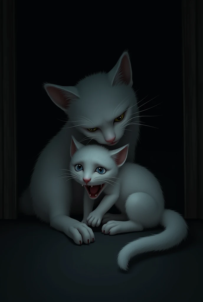 A white cat with fear in eyes
 with open mouth in Darkness hugging her mom 
