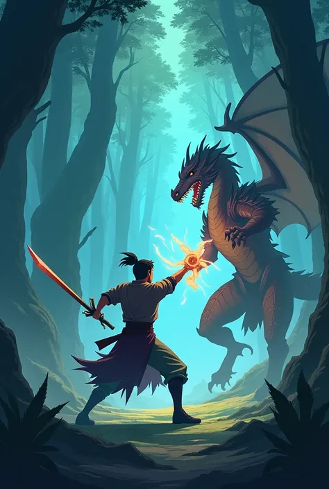 Kai a fighter, is in a mysterious forest, where the Dragon Challenge battle takes place. An enigmatic adversary and a warrior appears, wearing dragon armor. (In a simple animation)