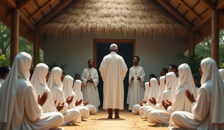 Black people pray in a thatched church. Both the men and the women are dressed in white. The women covered their hair with a white scarf.The men are thier. all are site on the ground but Among them, an old man stands and prays.