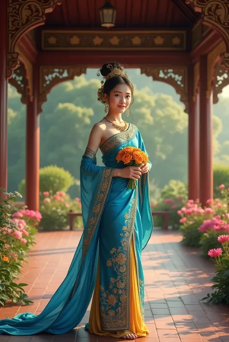 Beautiful young woman wearing blue and gold Lanna silk Thai dress, wearing northern jewelry, standing in a Thai wooden pavilion, holding flowers, with a green garden, flower garden, realistic 3D oil painting, 8K UHD resolution, wide view, full body