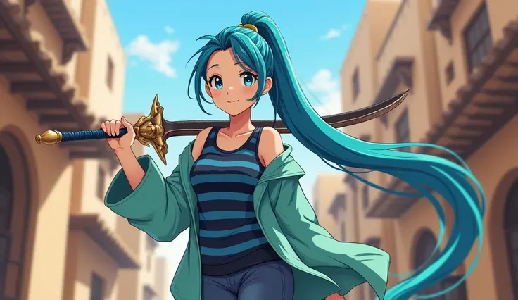 Female character. Fair skinned. Long blue ponytail. Navy blue and blue striped shirt. Mint green jacket. White shorts. White boots.. Anime art style. In an old arabian town. Standing tall. Carrying a peacock string pattern chain as a weapon